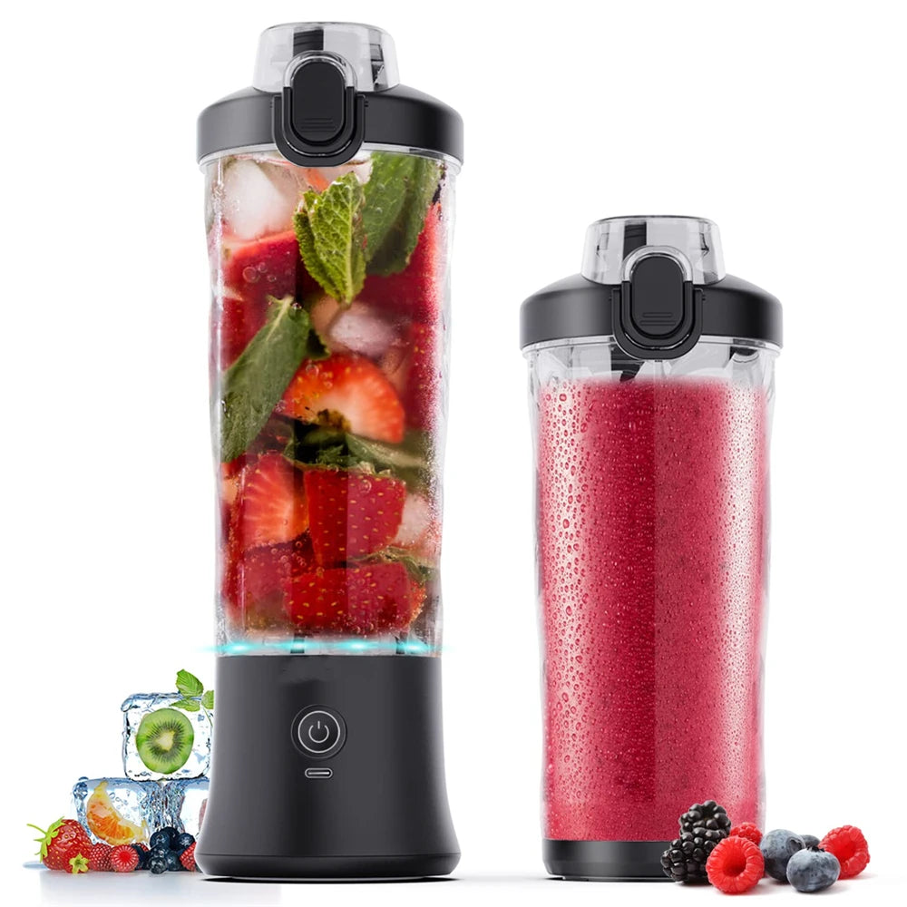Portable blender with ingredients and a blended smoothie on a white background