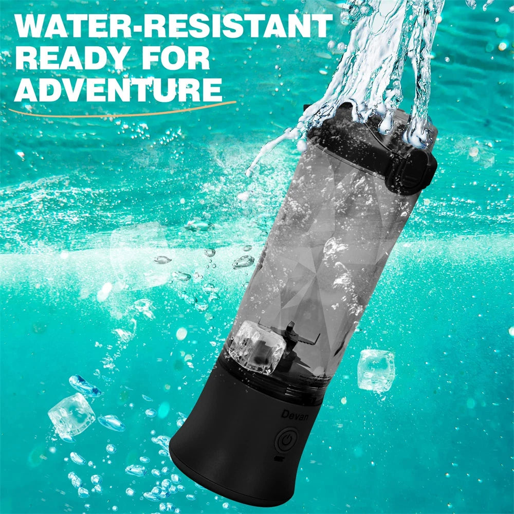 Black water-resistant blender with water splashing around it on a teal background