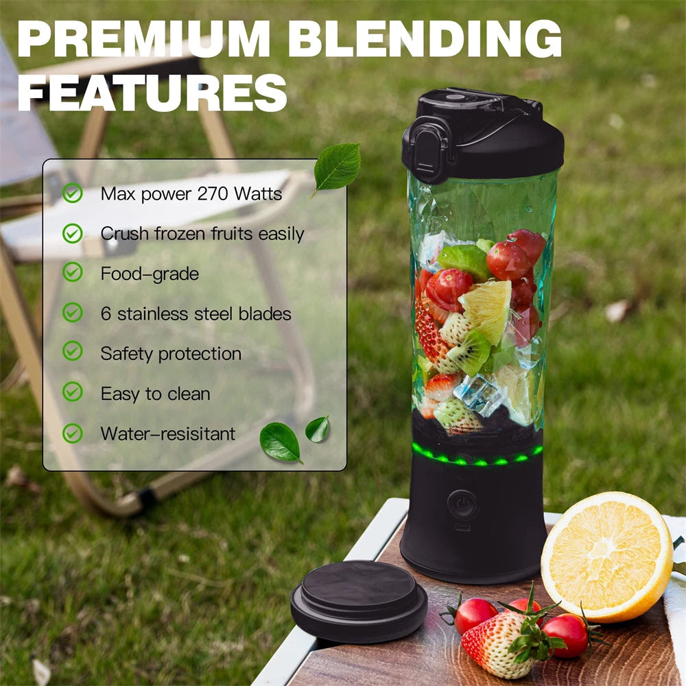 Portable blender with fruit ingredients on a grassy background, highlighting features.