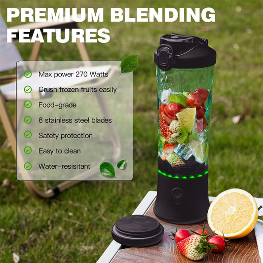 Portable blender with fruit ingredients on a grassy background, highlighting features.
