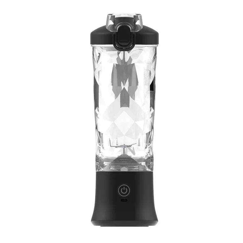 Black and clear portable blender on a white background